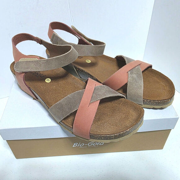 Bio-Gold Suede Leather Sandals Cork Wedge Ankle Strap Womens Size 9 Taupe Peach - Picture 2 of 14